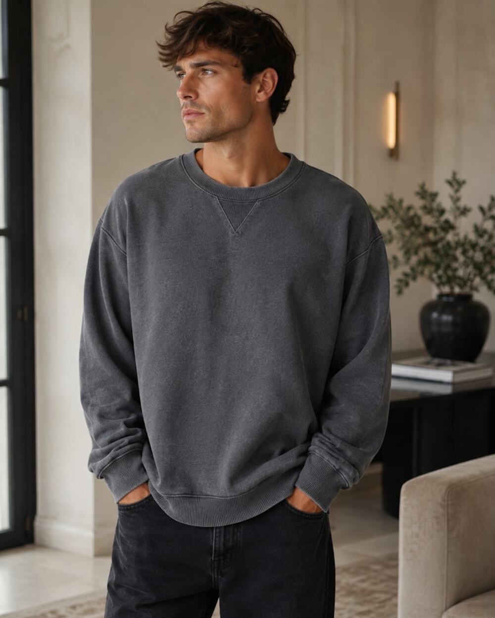 Tailor Vintage Cotton Crewneck Sweatshirt Gray Solid Relaxed Pullover Mens M